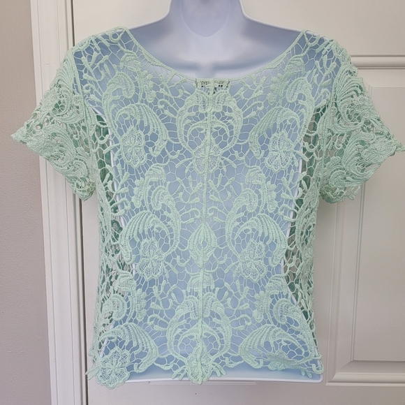 Charlotte Russe Mint Green All Over Crochet Short Sleeve Crop Top Size L - Picture 4 of 9